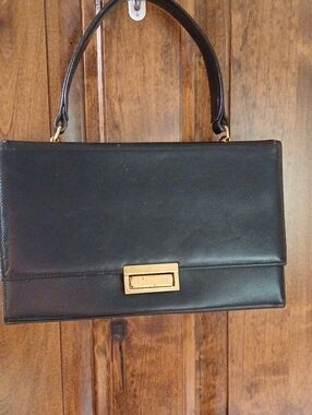 Classic Black Leather Top-Handle Satchel with Gold Accent